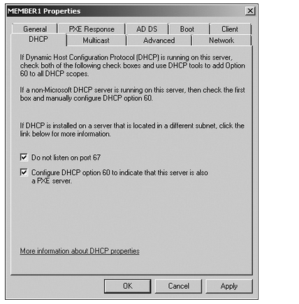 The DHCP tab of the WDS server settings dialog box